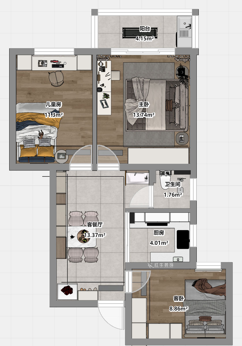 魏明花｜武学园8-2505-82㎡-现代简约风格｜3室1厅1卫｜二手房装修｜定制家｜全包14万｜00_03平面彩图